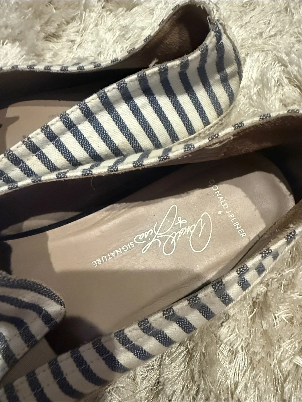 Donald J. Pliner Navy and White Striped Embellished Slip-On Loafers